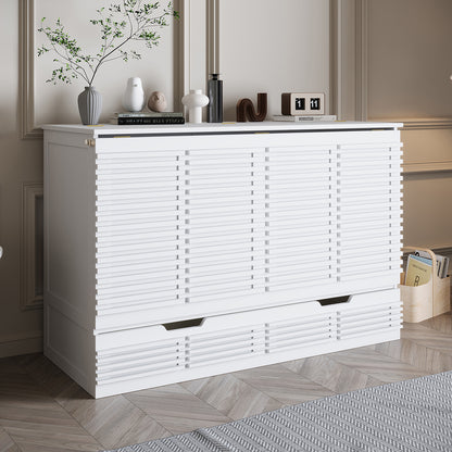 Jaxen Eco-Luxury Sleep with Bamboo Mattress Bundle featuring a white louvered sideboard with decor, showcasing modern design elements; includes vase, sculptures, and retro clock, reflecting stylish, space-saving home aesthetics.