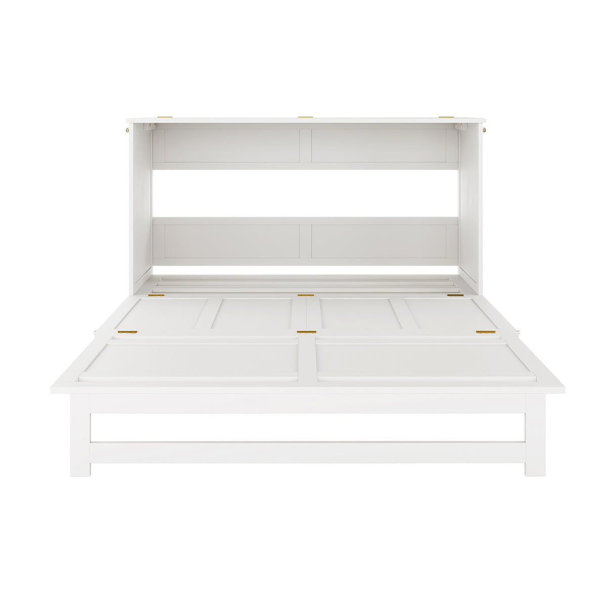 Jaxen Smart Queen Murphy Bed partially unfolded, showcasing its white wooden frame and hinged panels, paired with the Plico 3-Fold Queen Mattress for compact, ergonomic space-saving in modern homes.