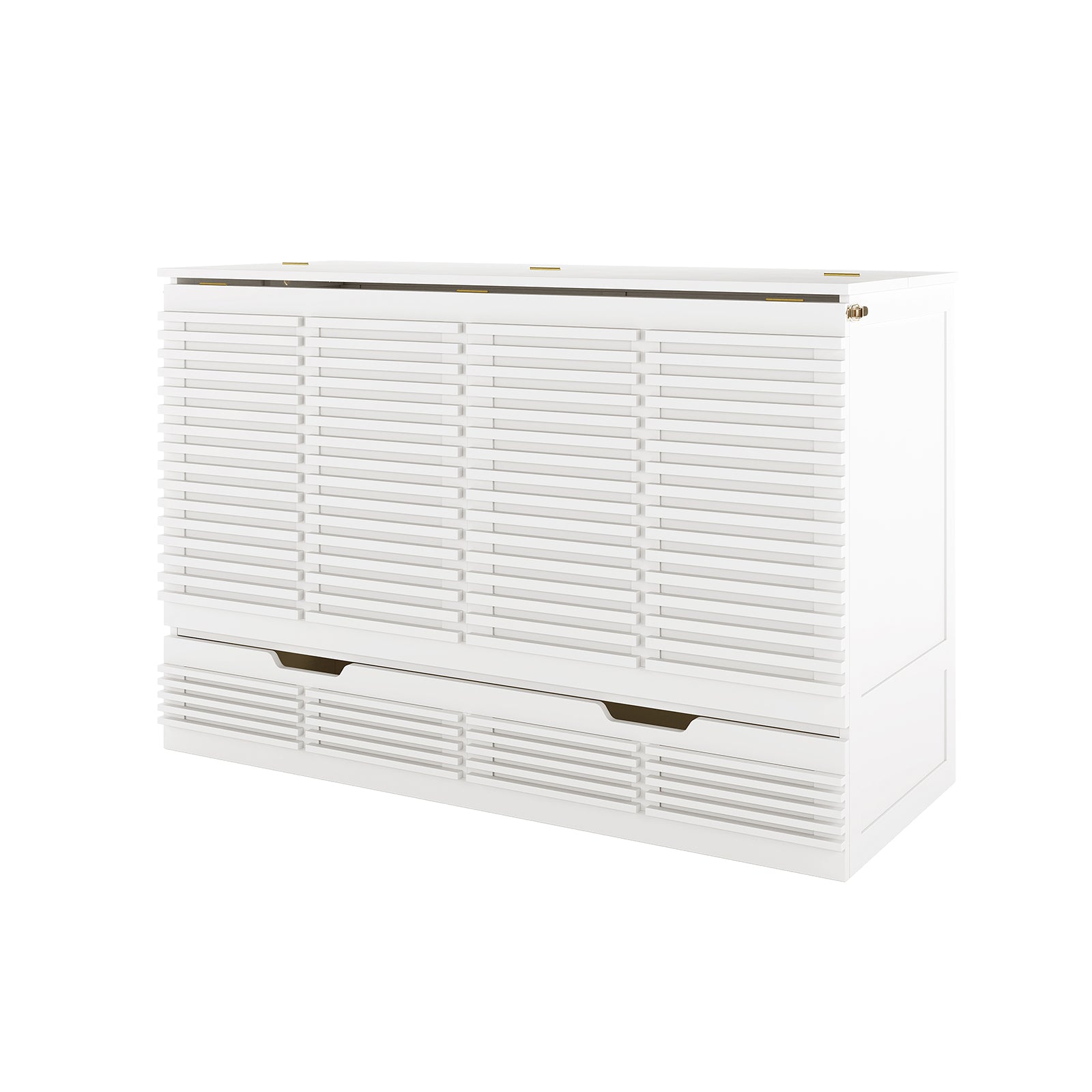 Jaxen Smart Queen Murphy Bed and Plico 3-Fold Queen Mattress, featuring a freestanding white cabinet with slatted panels and a recessed handle, showcasing a minimalist design perfect for optimizing living space.