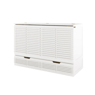 Jaxen Smart Queen Murphy Bed and Plico 3-Fold Queen Mattress, featuring a freestanding white cabinet with slatted panels and a recessed handle, showcasing a minimalist design perfect for optimizing living space.