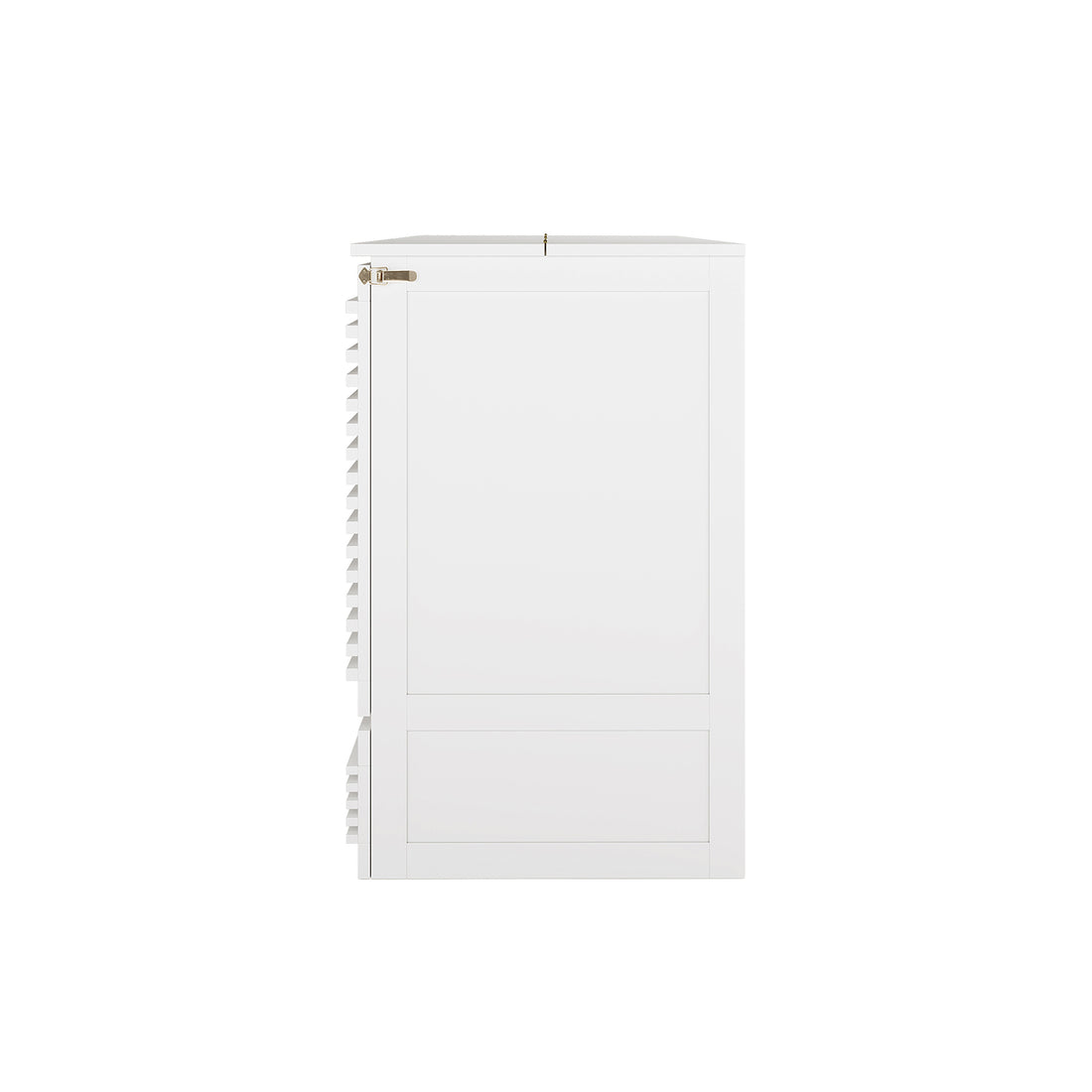 Jaxen Smart Queen Murphy Bed with Plico 3-Fold Queen Mattress shown folded vertically with a paneled front and slatted sides, highlighting its space-saving and ergonomic design.
