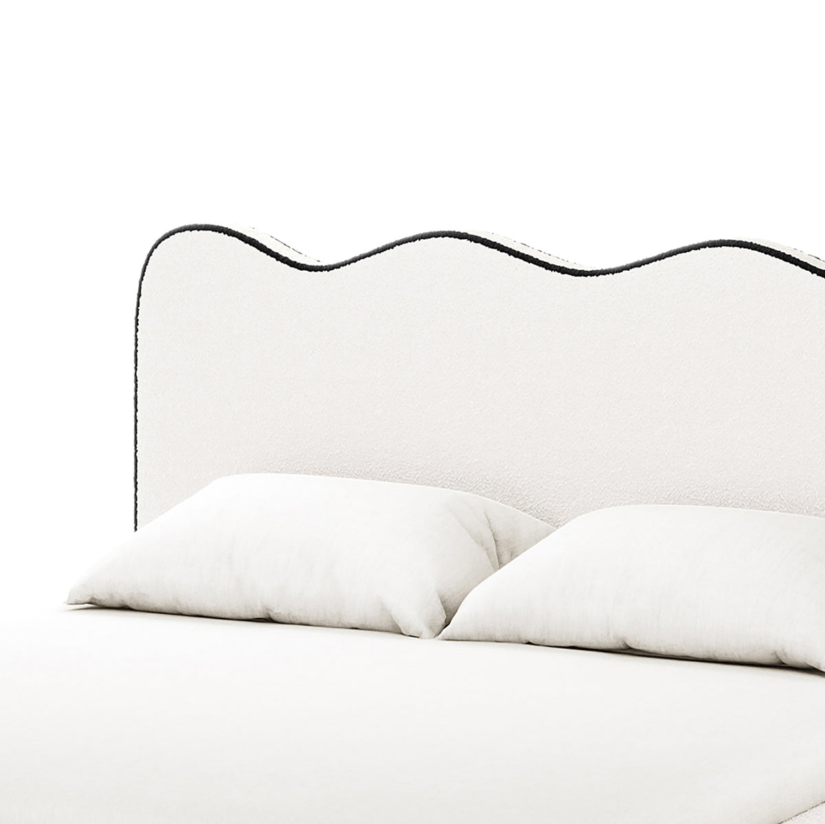 Kaylie Double Boucle Fabric Bed Frame in White & Black features a scalloped upholstered headboard with black trim, complemented by white linens and pillows, creating a minimalist, contemporary bedroom aesthetic.