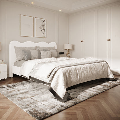 Kaylie Double Boucle Fabric Bed Frame in Cream White, featuring soft boucle upholstery, scalloped headboard, and sleek metal legs, harmoniously blends into a serene, modern bedroom setting with minimalist decor.