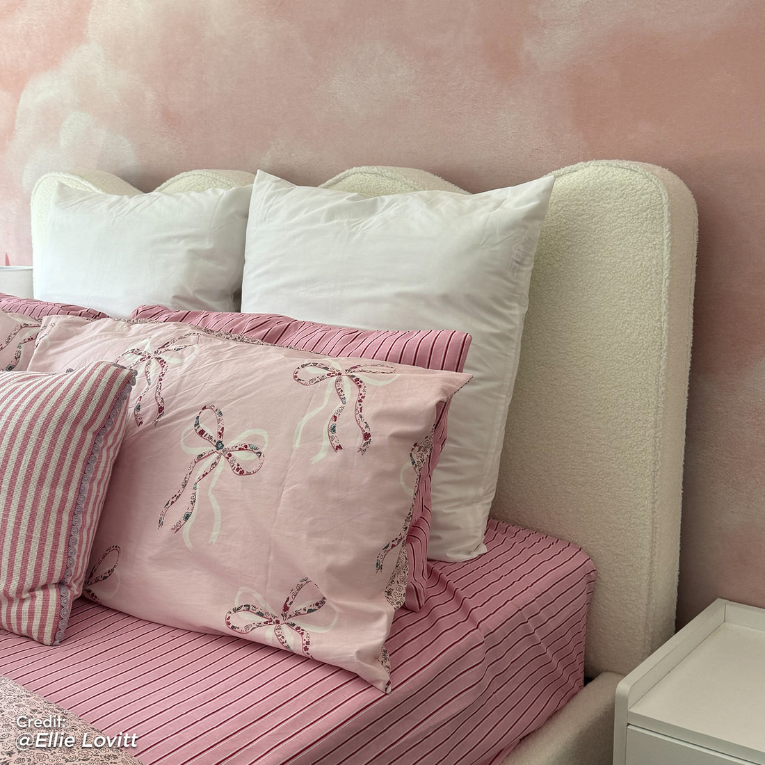 Kaylie Double Boucle Fabric Bed Frame in Cream White with scalloped headboard and soft boucle upholstery