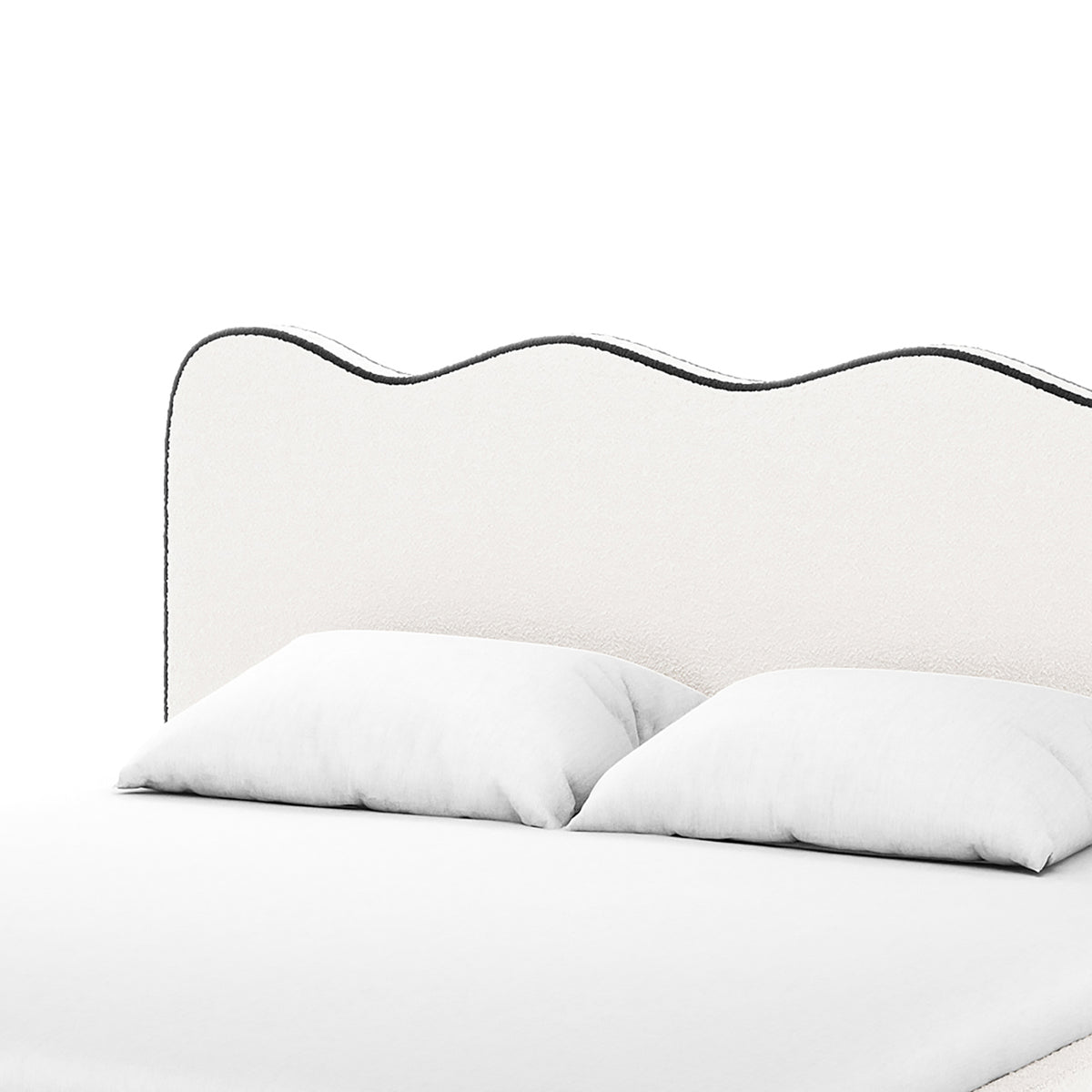 Kaylie Queen Boucle Fabric Bed Frame in White & Black features a wavy upholstered headboard with contrasting trim, white bedding, and pillows, creating a minimal, monochromatic aesthetic against a plain background.