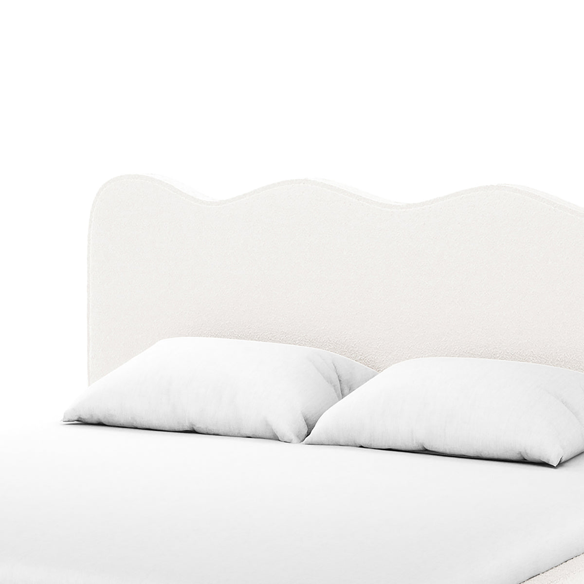 Kaylie Queen Boucle Fabric Bed Frame in Cream White showcasing a scalloped upholstered headboard, plump pillows, and a sleek design, emphasizing elegance and comfort.