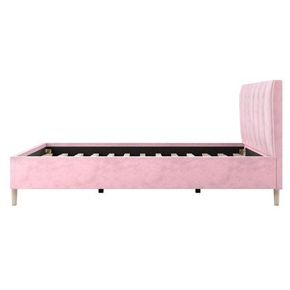 Kelly Queen Velvet Fabric Bed Frame in Pink, featuring a side-view of its channel-tufted headboard, slatted base, and low wooden legs, showcasing its elegant and plush design for your bedroom.