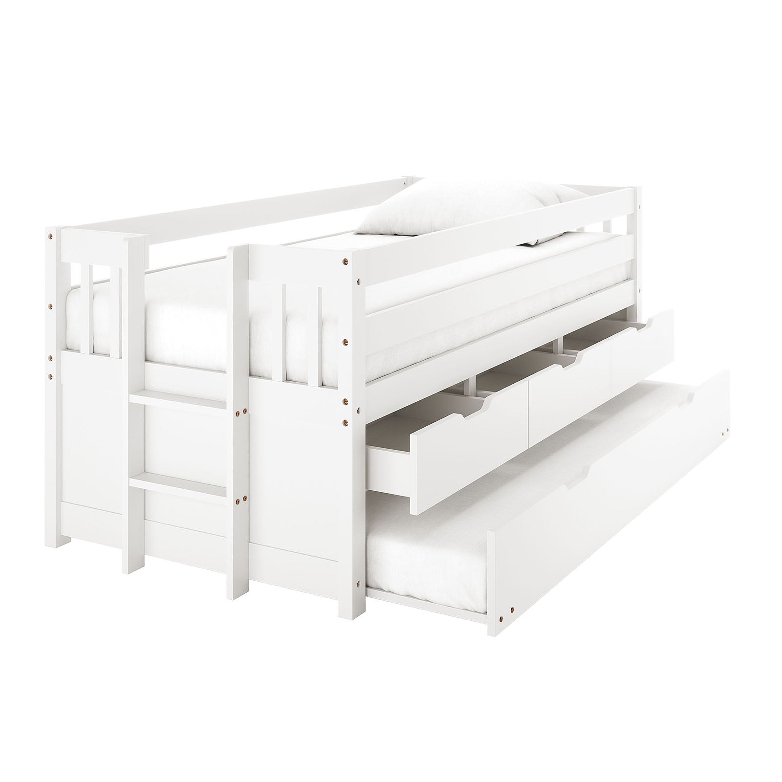 White solid pine junior loft bed with ladder, three under-bed storage drawers and pull-out trundle bed