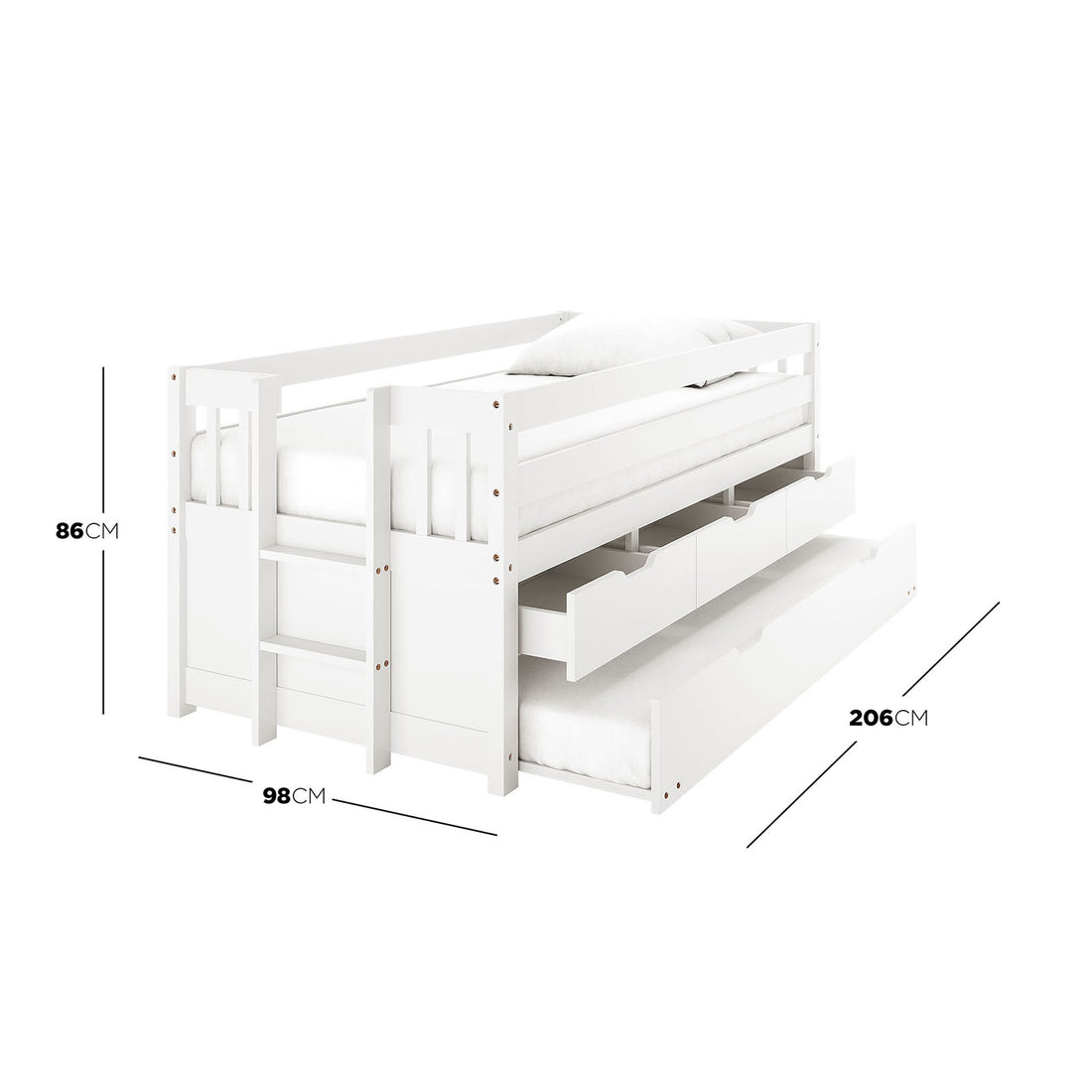 White wooden junior bed with ladder, three under-bed drawers, and pull-out trundle, dimensions 86cm H x 98cm W x 206cm L
