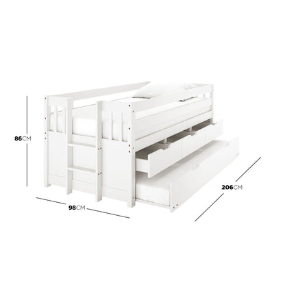 White wooden junior bed with ladder, three under-bed drawers, and pull-out trundle, dimensions 86cm H x 98cm W x 206cm L