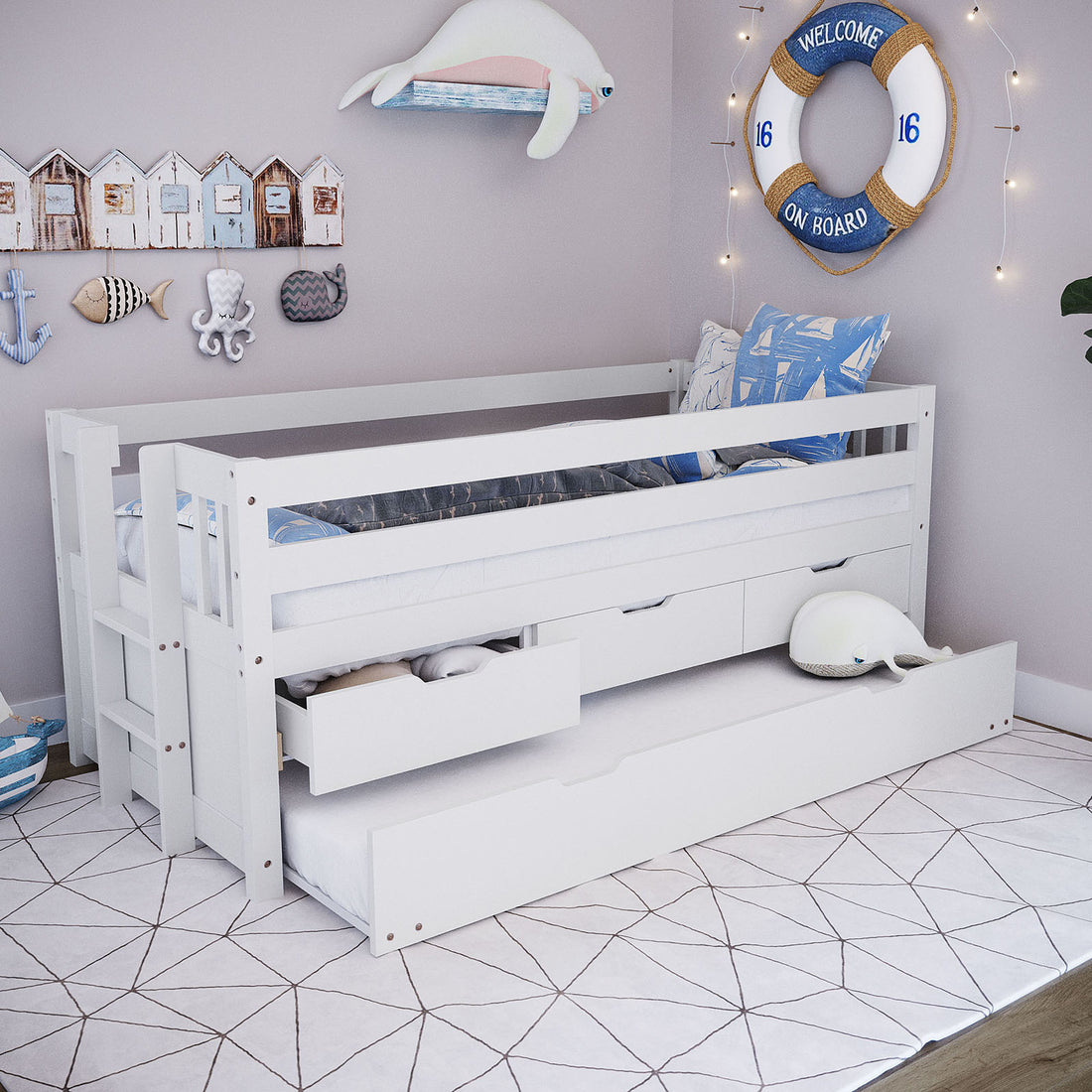 White solid pine junior bed with pull-out trundle and storage drawer, side ladder and safety rail