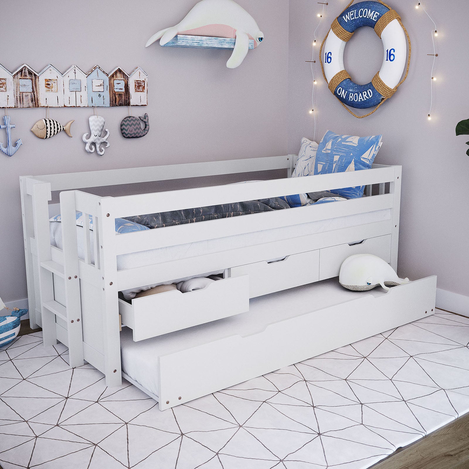 White solid pine junior bed with pull-out trundle and storage drawer, side ladder and safety rail