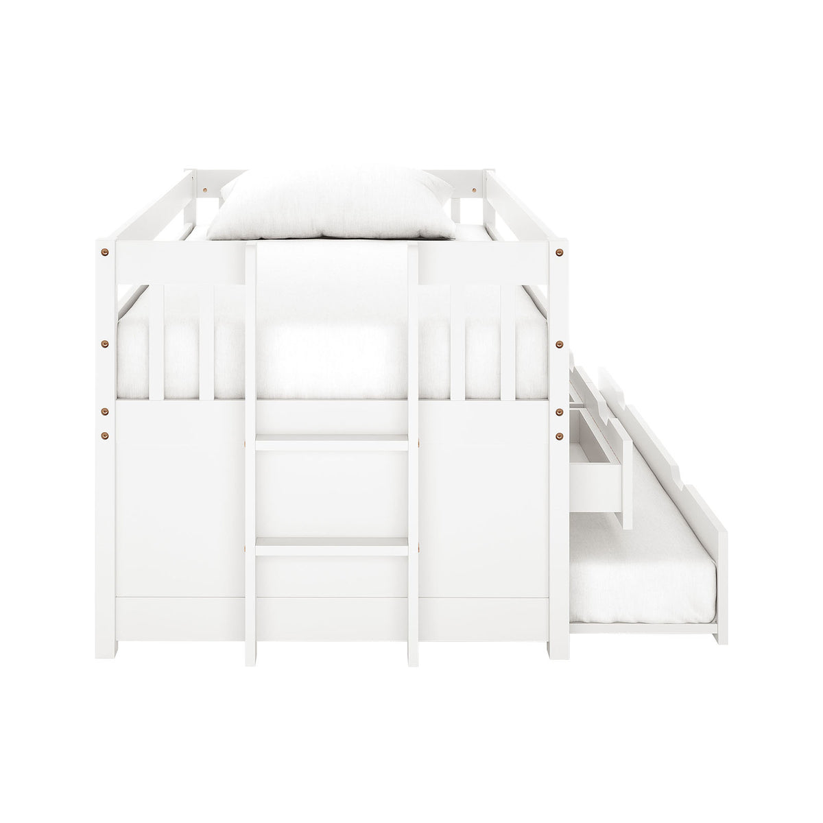 White wooden loft bed with ladder, storage staircase and pull-out trundle bed, shown with white mattress and pillow