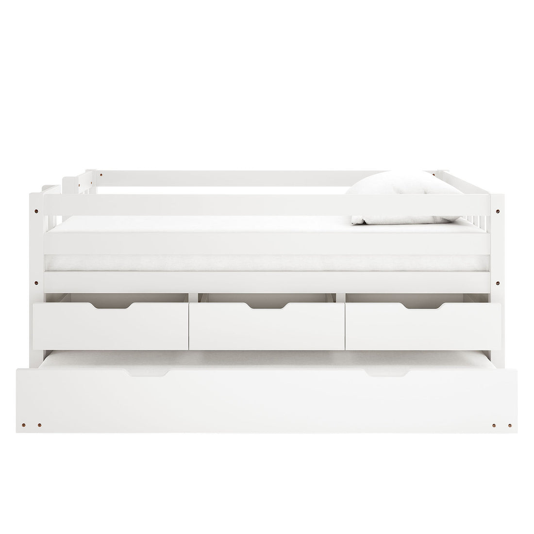 White wooden junior bed with safety rails, three storage drawers underneath and pull-out trundle drawer, shown with white