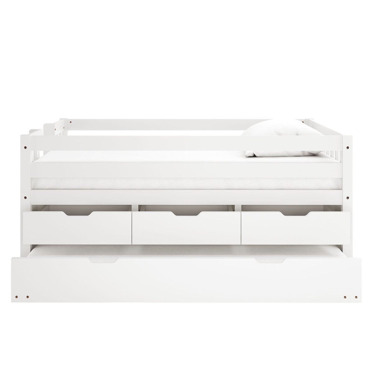 White wooden junior bed with safety rails, three storage drawers underneath and pull-out trundle drawer, shown with white