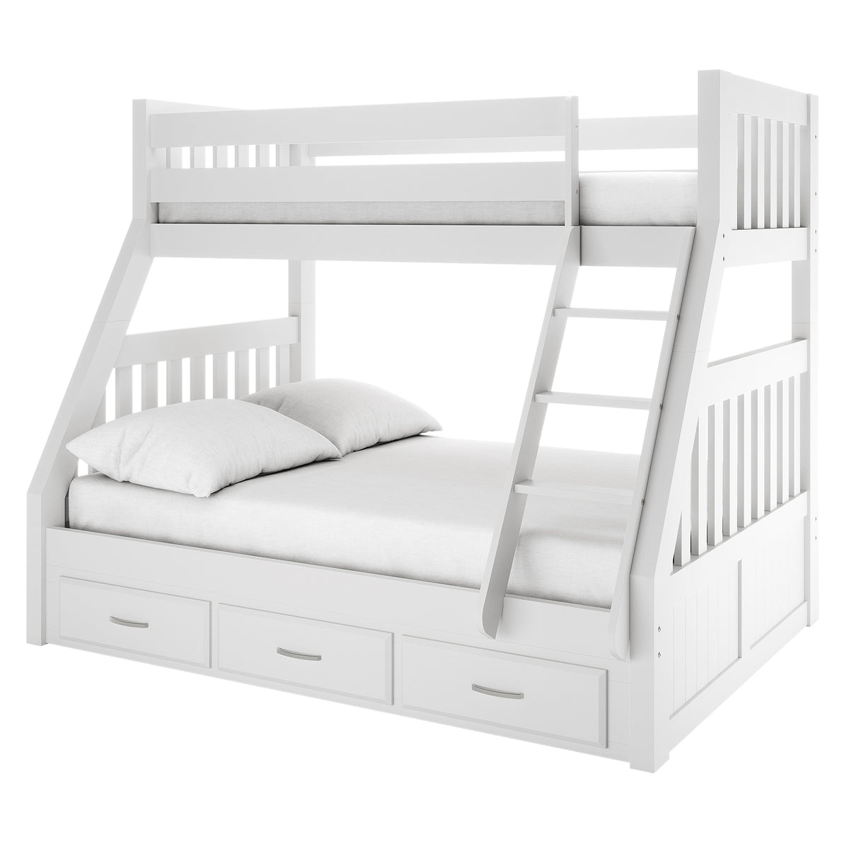 Kourtney Hardwood Triple Bunk Bed with Drawers in White features a full-size lower bunk, narrow upper bunk, angled ladder, and three pull-out storage drawers, all with slatted guardrails for safety.