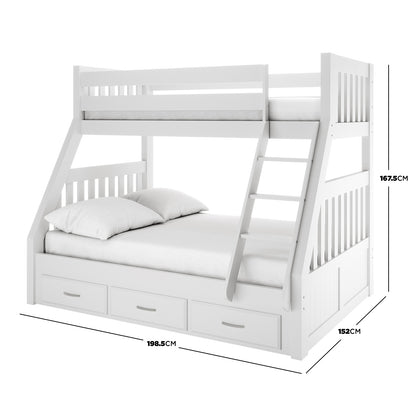 Kourtney Hardwood Triple Bunk Bed with Drawers in White features a twin-over-full design with an angled ladder and three storage drawers, crafted from durable hardwood for space-saving functionality.