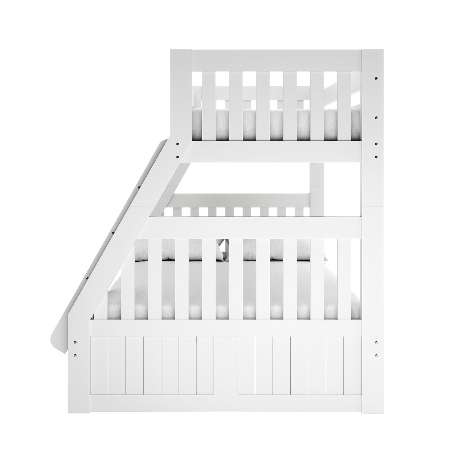 Kourtney Hardwood Triple Bunk Bed with Drawers in White features a slanted ladder, upper guard rails, and two under-bed storage drawers, offering a stylish, space-saving solution for multiple sleepers.