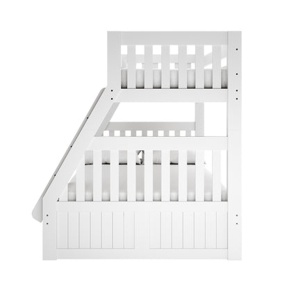 Kourtney Hardwood Triple Bunk Bed with Drawers in White features a slanted ladder, upper guard rails, and two under-bed storage drawers, offering a stylish, space-saving solution for multiple sleepers.