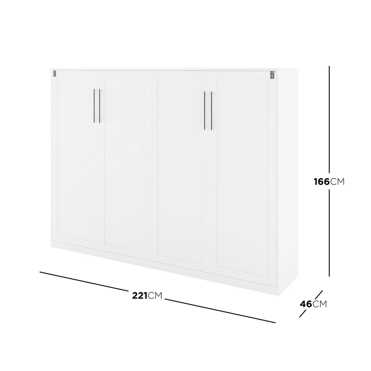 Leeton Space-Saving Queen Foldout Wall Bed White with four tall recessed-panel doors, slim vertical handles, and dimension lines: 221 cm wide, 166 cm high, 46 cm deep.