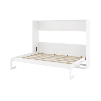 Leeton Space-Saving Queen Foldout Wall Bed White in open position, showcasing wooden slats for mattress support within a sleek cabinet.