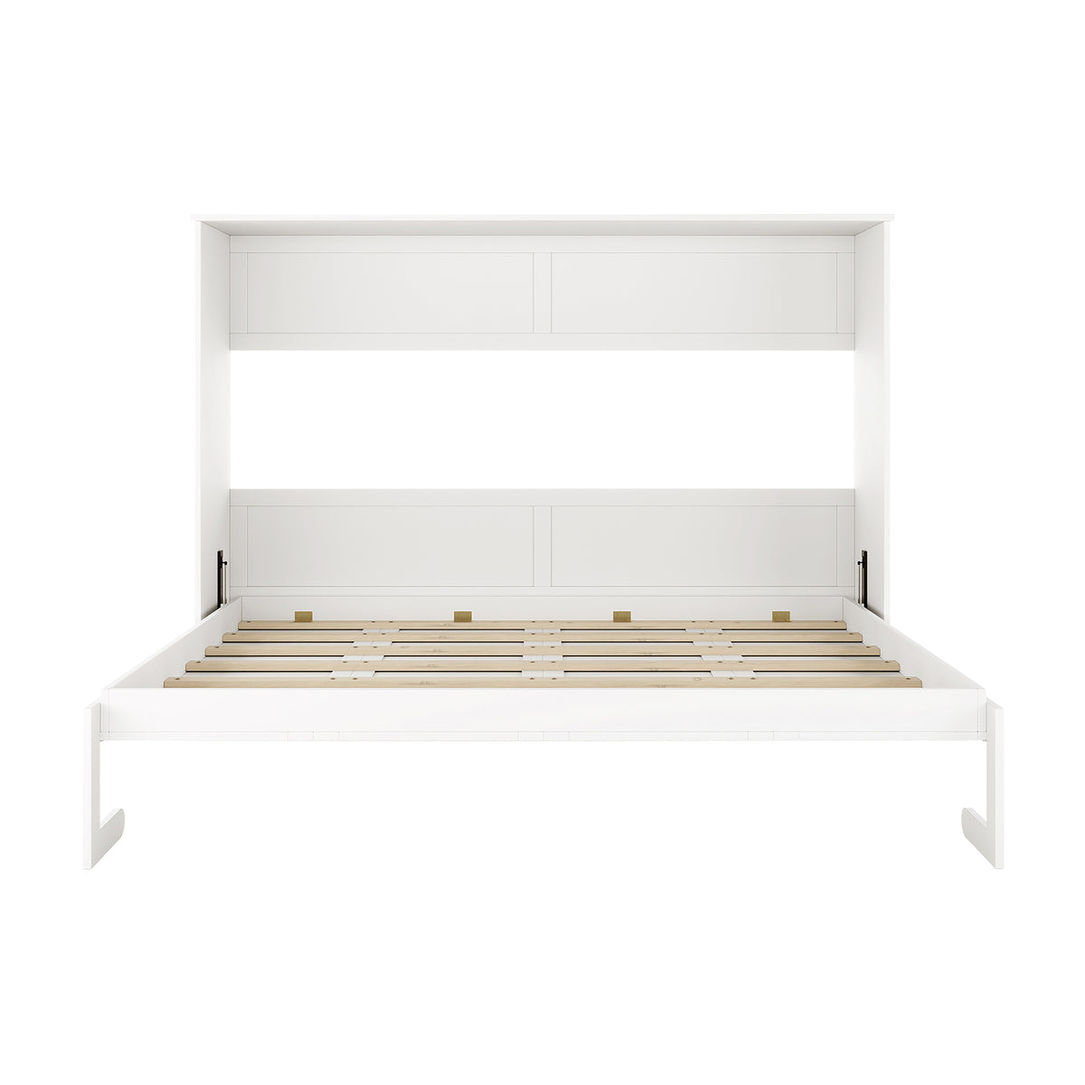 Leeton Space-Saving Queen Foldout Wall Bed White open, showing a tall headboard cabinet with two overhead storage doors and a slatted wooden platform, featuring gas-spring hinges for easy folding.