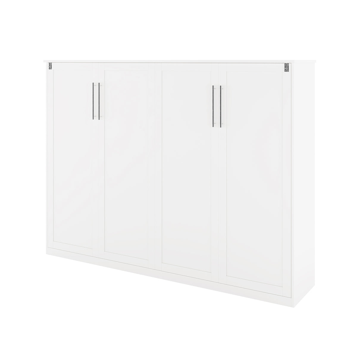 Leeton Space-Saving Queen Foldout Wall Bed White, featuring a sleek gloss finish, four-door panel design, and slim metal handles, effortlessly transforms from a double dresser to a queen bed.