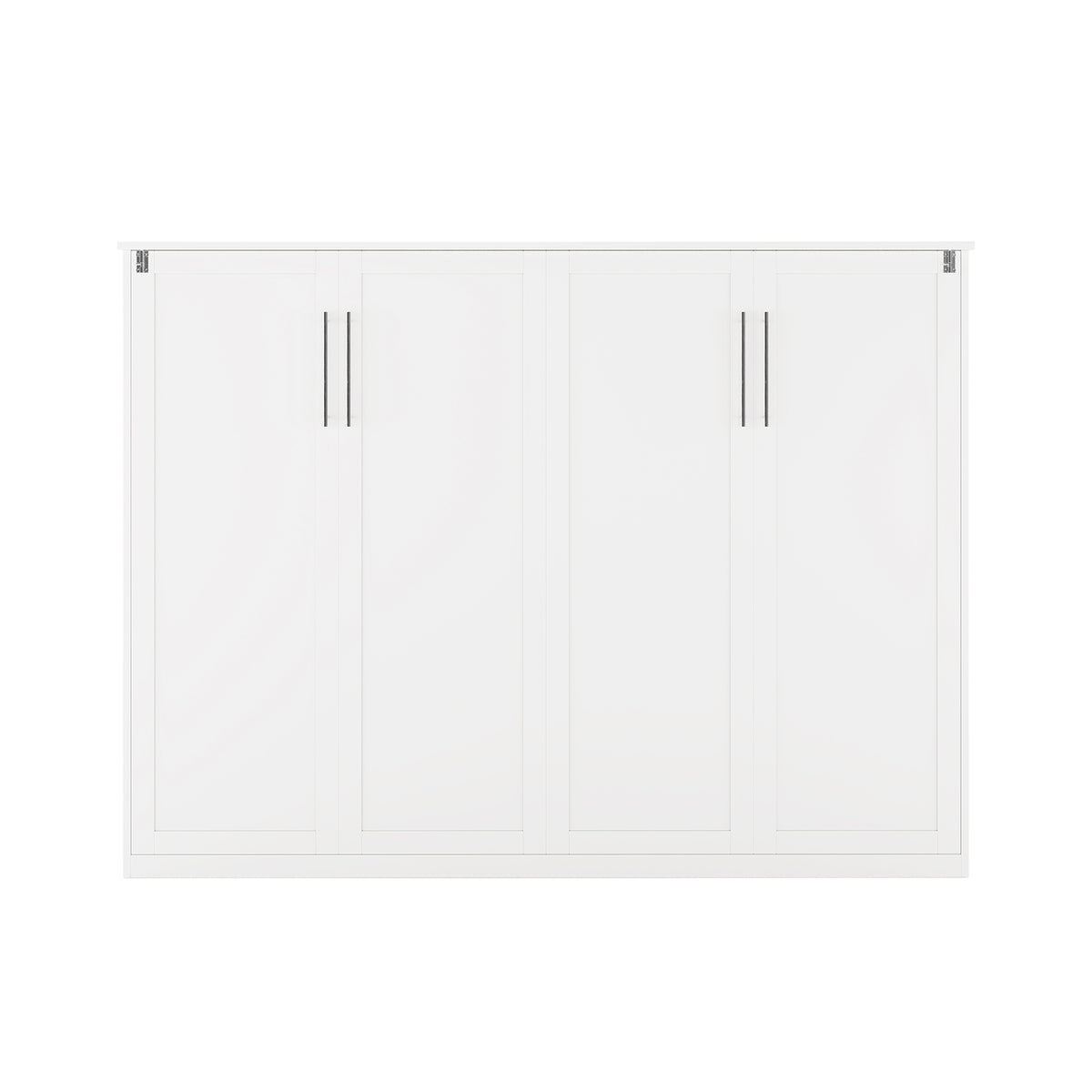 Leeton Space-Saving Queen Foldout Wall Bed White, featuring a modern white cabinet design with four tall doors, each pair sharing vertical metal handles, seamlessly blending into a sleek double dresser appearance.