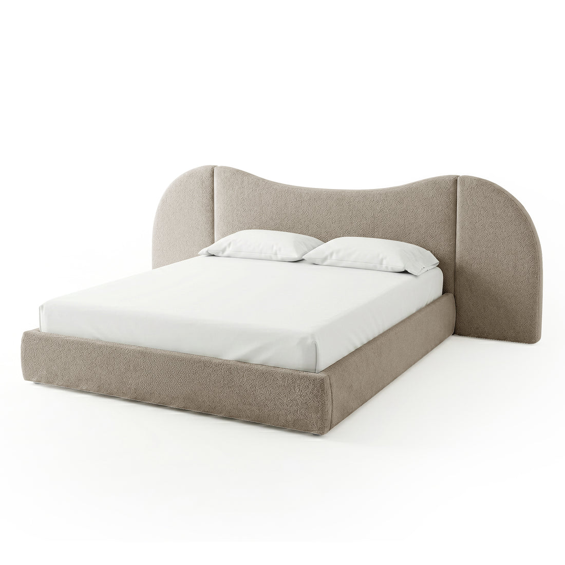 Lila King bouclé gas lift storage bed frame in beige with curved headboard and white bedding
