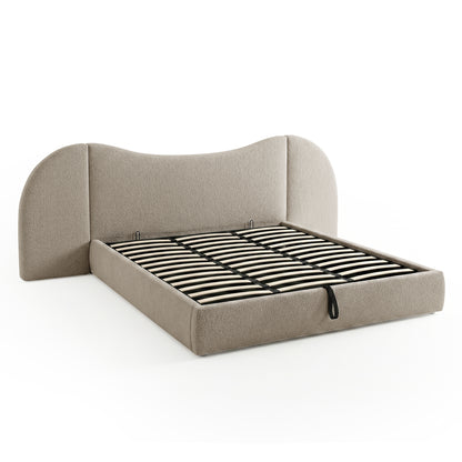 Lila King Boucle Gas Lift Storage Bed Frame in Beige with curved headboard and slatted base