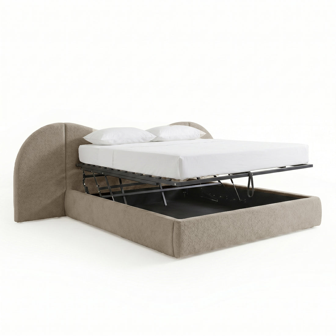 Beige boucle king bed frame with curved headboard and gas lift storage base shown open with mattress platform raised
