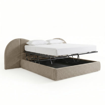 Beige boucle king bed frame with curved headboard and gas lift storage base shown open with mattress platform raised