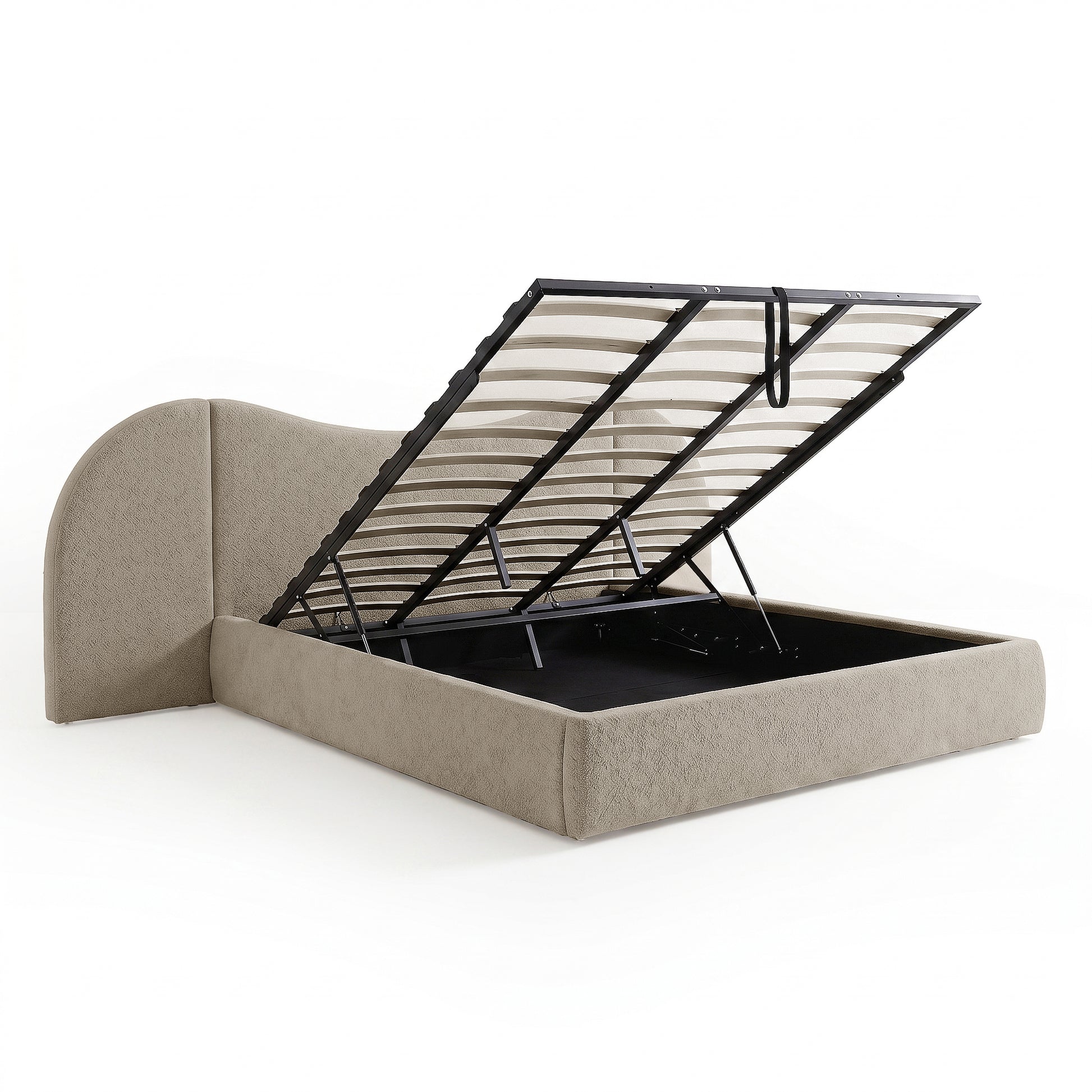 Beige boucle king bed frame with gas lift storage base raised showing under-bed compartment