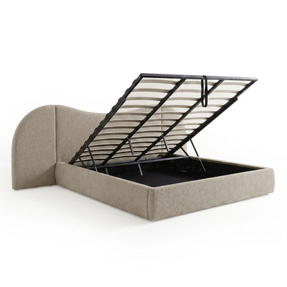 Beige boucle king bed frame with gas lift storage base raised showing under-bed compartment