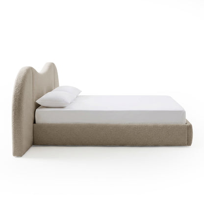 Beige boucle king bed frame with curved headboard and gas lift storage base