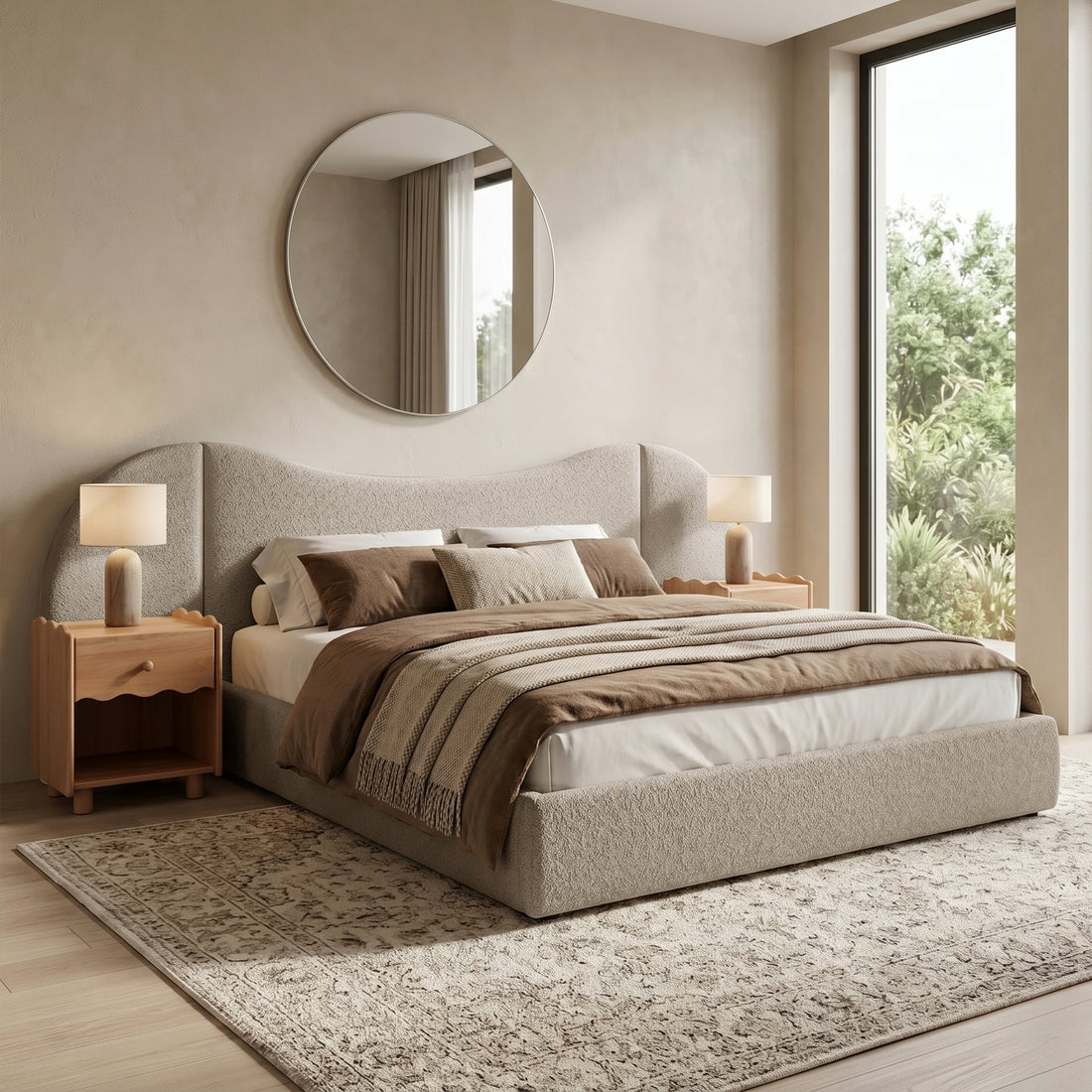 Lila King Boucle Gas Lift Storage Bed Frame in Beige with curved headboard and upholstered base