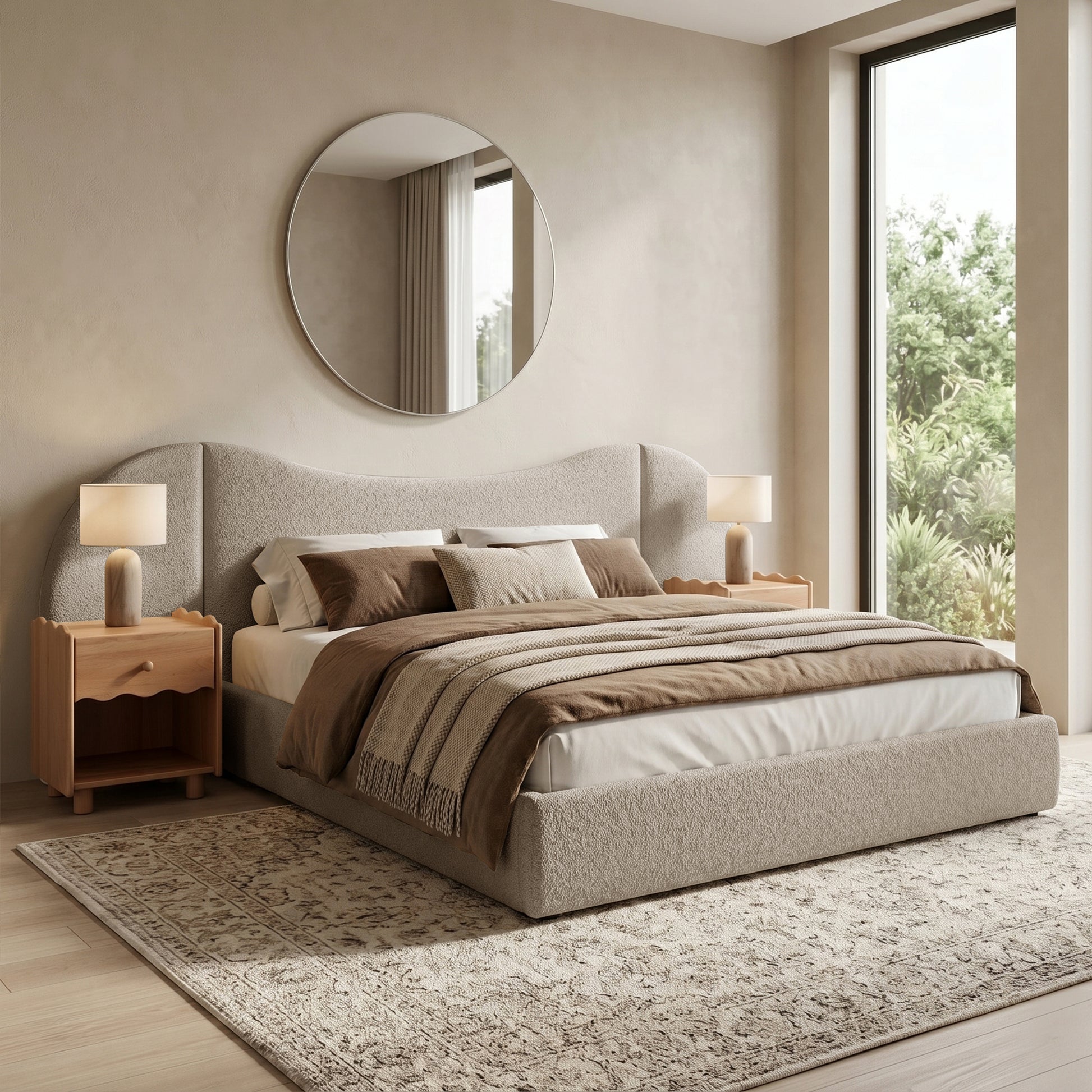 Lila King Boucle Gas Lift Storage Bed Frame in Beige with curved headboard and upholstered base