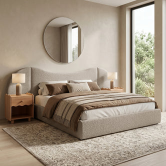 Lila King Boucle Gas Lift Storage Bed Frame in Beige with curved headboard and upholstered base