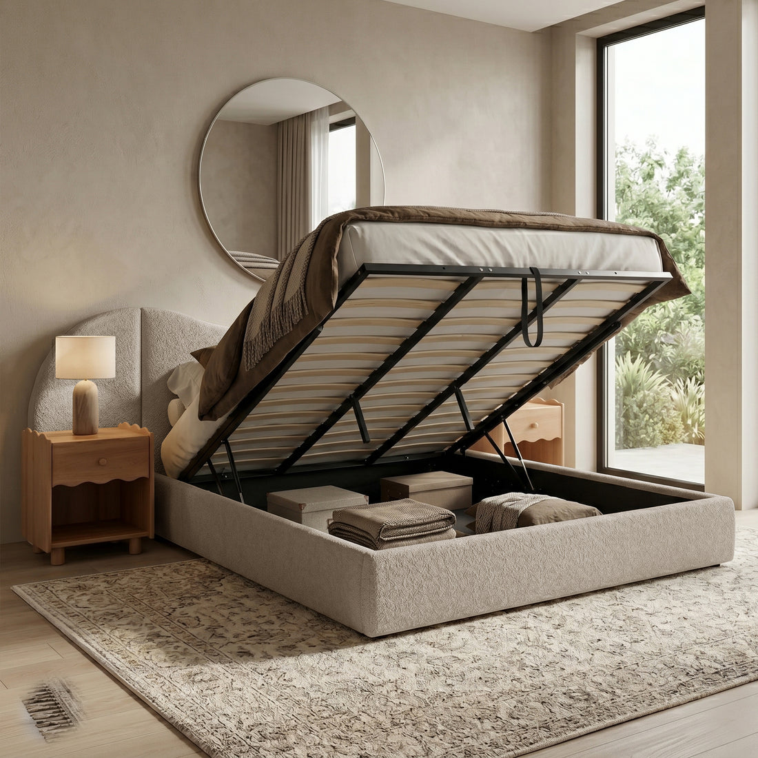 Beige boucle king bed frame with gas lift storage, shown with mattress base raised revealing under-bed storage space