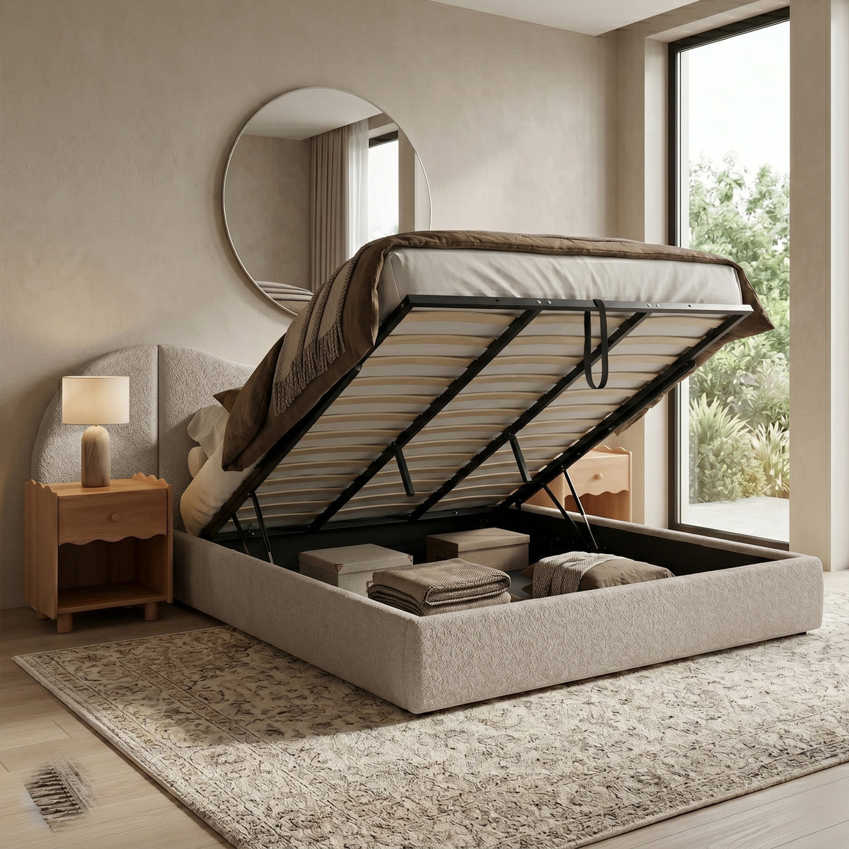 Beige boucle king bed frame with gas lift storage, shown with mattress base raised revealing under-bed storage space