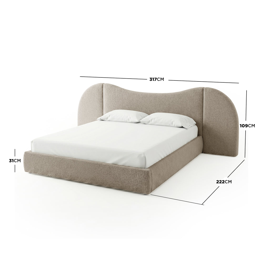 Lila King boucle gas lift storage bed frame in beige with dimensions shown