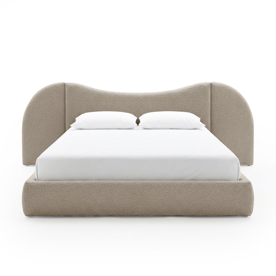 Lila King bouclé gas lift storage bed frame in beige with curved headboard and white mattress