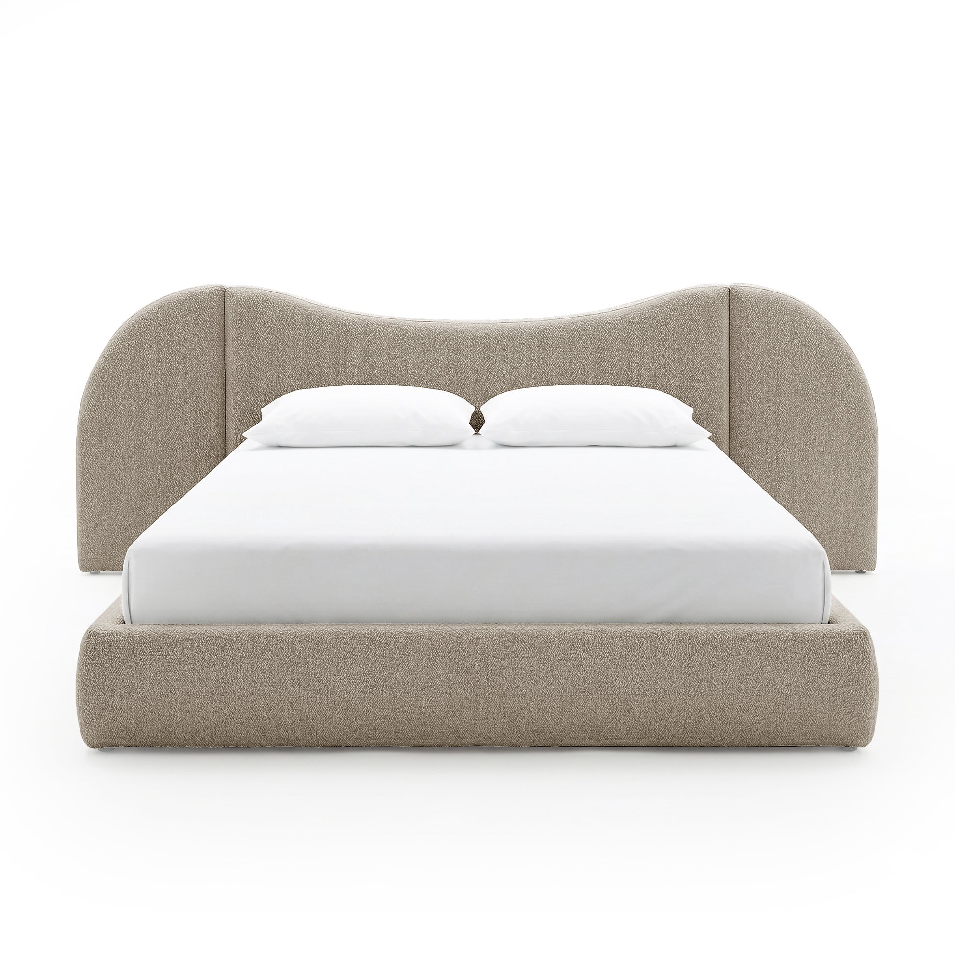 Lila King bouclé gas lift storage bed frame in beige with curved headboard and white mattress