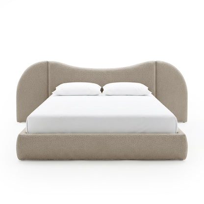Lila King bouclé gas lift storage bed frame in beige with curved headboard and white mattress