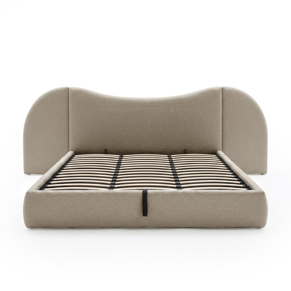 Lila King gas lift storage bed frame in beige boucle with curved headboard and timber slats