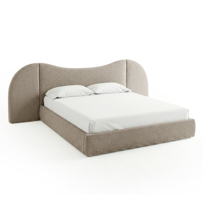 Lila King Boucle Gas Lift Storage Bed Frame in Beige with curved headboard and white bedding