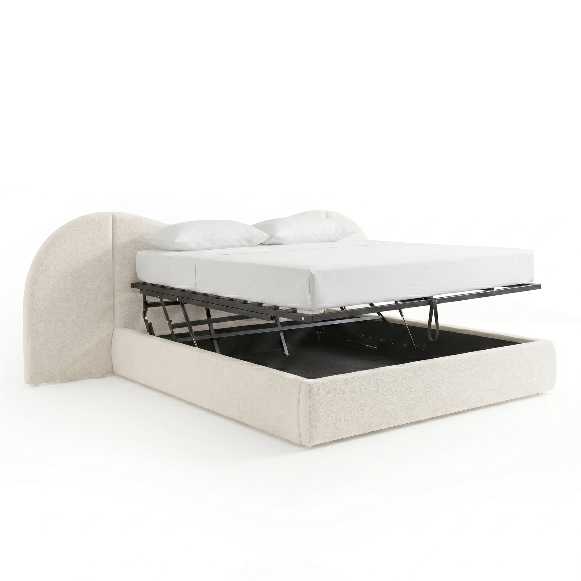 Cream boucle king bed frame with curved headboard and gas lift storage base raised to show under-bed compartment