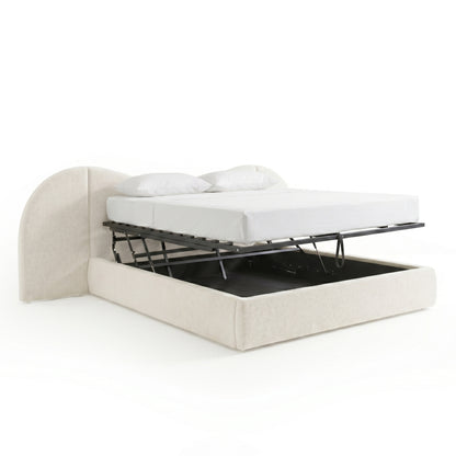 Cream boucle king bed frame with curved headboard and gas lift storage base raised to show under-bed compartment