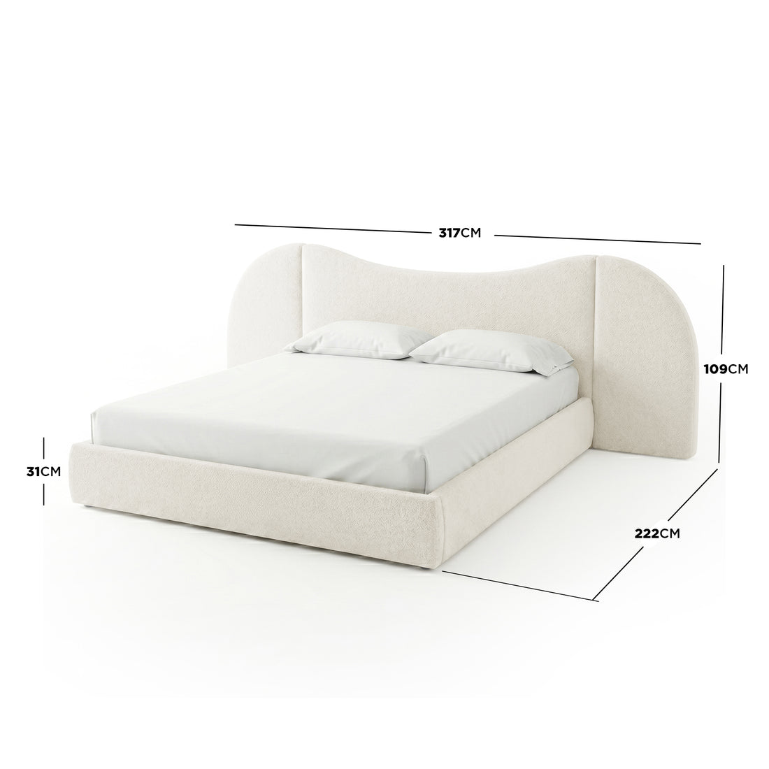 Cream boucle king bed frame with curved headboard and gas lift storage base, dimensions 317cm x 222cm x 109cm