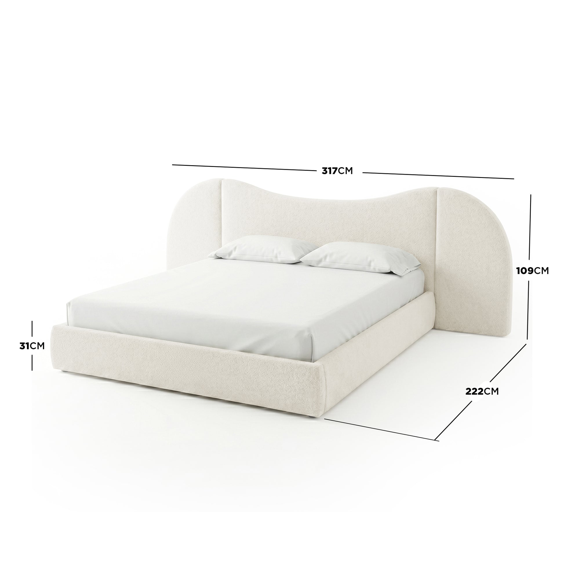 Cream boucle king bed frame with curved headboard and gas lift storage base, dimensions 317cm x 222cm x 109cm